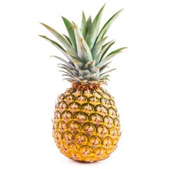 Single pineapple, bright yellow skin, green crown, isolated white background