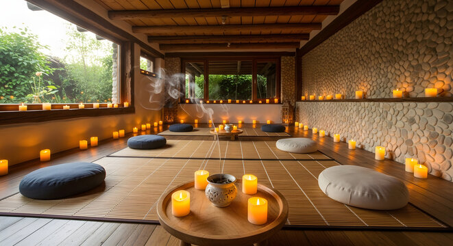 Interior of a meditation room with candles and mats arranged for spiritual practice and relaxation - Powered by Adobe
