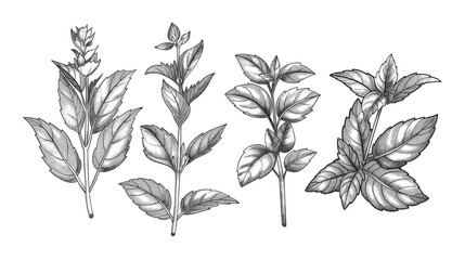 Hand-drawn sketch of fresh basil and mint leaves. Ideal for culinary, herbal, and botanical-themed designs. Isolated on transparent background, png	