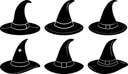 Collection of Witch Hats in Black Silhouette for Halloween Holiday