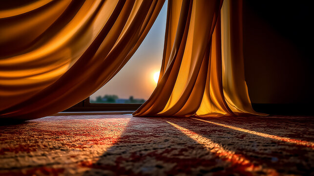 Honey-colored velvet curtains rippling in a gentle breeze sunlight patterns shifting