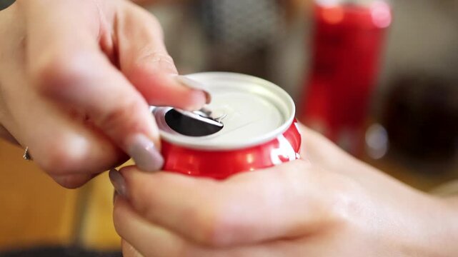 Hand Opening Red Soda Can on Wooden Table