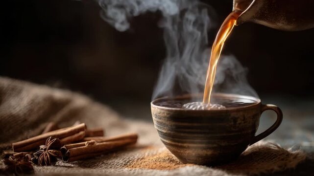 Warm Drink: A steaming cup of coffee is being poured, with a hint of cinnamon sticks in the background, inviting a sensory experience that conveys comfort and warmth.