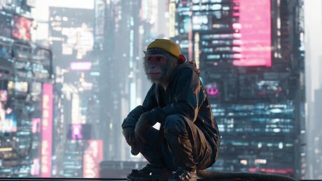 A futuristic monkey wearing a yellow hat sits on a ledge overlooking a neon cityscape at dusk