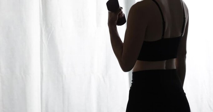 Woman from the back, lifting dumbbells, symbolizing fitness and a commitment to a healthy lifestyle for overall wellness, a healthy and fit lifestyle. Good habits for a balanced life