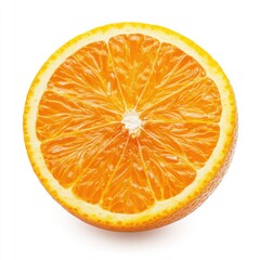 Close-up of a vibrant orange slice, displaying its segmented interior against a pure white background