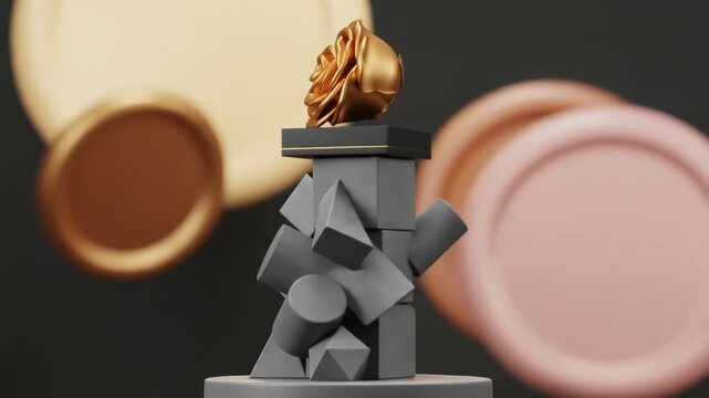 A golden rose sits atop a geometric structure composed of grey shapes. Two large blurred circles of color form the background. The colors used are muted with some sheen