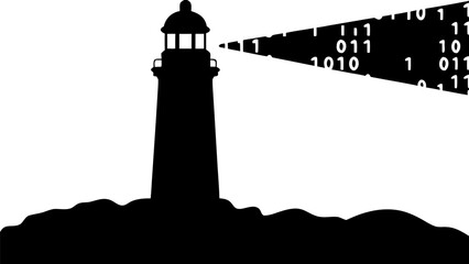 Silhouette of a lighthouse on a rocky shore emitting a beam filled with binary code elements, shining brightly