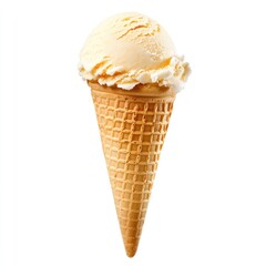 Vanilla ice cream scoop in a waffle cone against a white background (1)