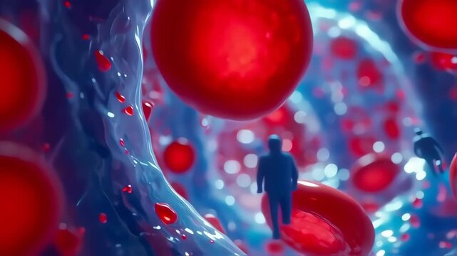 Abstract representation of blood cells and a circulatory system.  Red and blue spheres, fluid-like forms, and tiny figures navigate a dynamic, flowing space