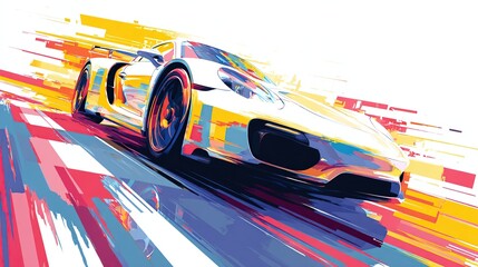 Abstract racing car rendered with colorful, linear brush strokes on a white background