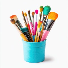 Assorted colorful paintbrushes in a small, light-blue, cylindrical container, displayed against a plain white background