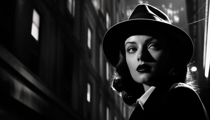 A classic 1950's style female in formal attire; monochrome nighttime street view