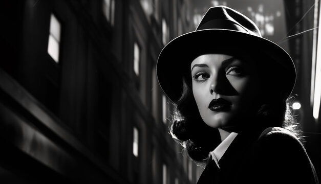 A classic 1950's style female in formal attire; monochrome nighttime street view