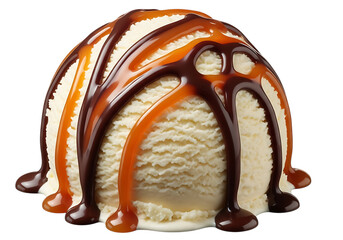 Scoop of vanilla ice cream drizzled with chocolate and caramel sauce, isolated on transparent background