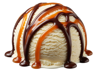 Scoop of vanilla ice cream drizzled with chocolate and caramel sauce, isolated on transparent background