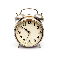 Antique alarm clock, light gray metal, cream-colored face, showing time