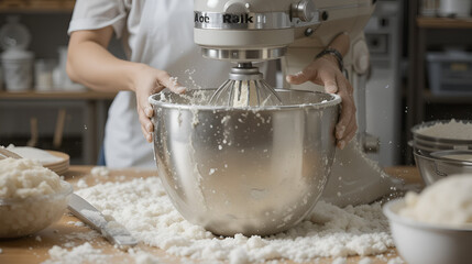 Baker using large mixer to mix dough