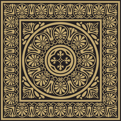 Vector gold and black classic Greek square ornament. Rectangle of Ancient Greece and Roman Empire. Byzantine painting of walls, floors and ceilings. Decoration of European palaces.
