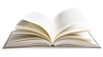 Fototapeta premium Open hardcover book with turning pages, knowledge concept, (clean modern detail, white isolated background
