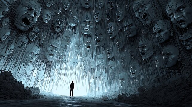 "a person standing in a giant cavern formed from negative thoughts, walls shaped like screaming faces, dripping sorrow, dim cold light entering from above, surreal and symbolic, emotional conceptual 