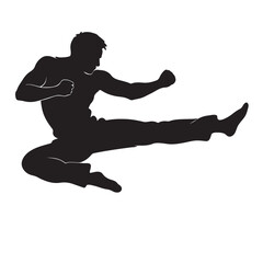 Flying Kick Silhouette of Martial Artist – Black and White Vector Illustration