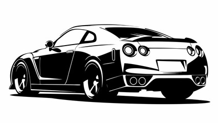 Fototapeta premium Rear view of a black and white sports car with a spoiler and visible exhaust pipes in a vector style silhouette