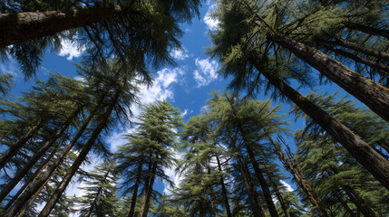 Obraz premium Deodar Trees Manali, tall evergreen deodar trees under blue sky