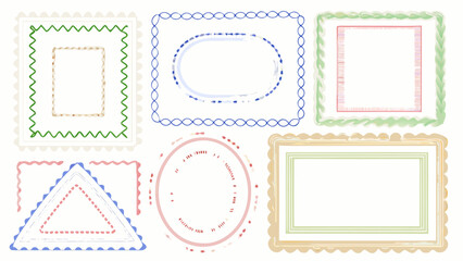 Collection of decorative frames in various shapes and colors with unique border designs displayed silhouette