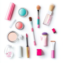 Flat lay of various makeup products in pastel colors against a white background.  A variety of cosmetic items, including lipsticks, eyeshadows, blushes, and makeup brushes are artfully arranged