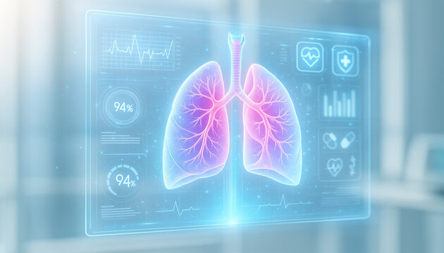 Futuristic lung scan interface with health monitoring icons and digital medical analytics