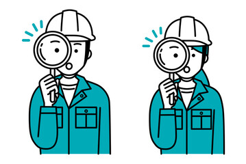 虫眼鏡を覗く作業員の男女　セット