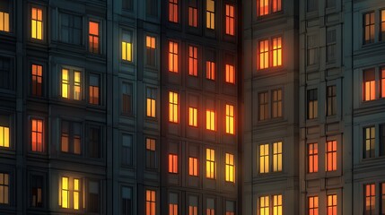 Illuminated Apartment Building at Night with Glowing Windows Warm Light