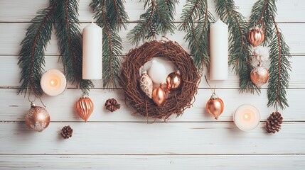Festive Holiday Arrangement Rustic Wreath, White Candles, Rose Gold Ornaments on White Wood