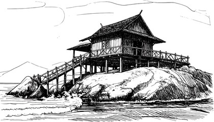Ink sketch of a seaside hut