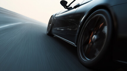 Black Sports Car in Motion – Close-Up Wheel and Side Body with Dynamic Speed Effect and Copy Space