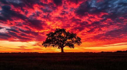 Fototapeta premium Silhouetted tree at fiery sunset (3)