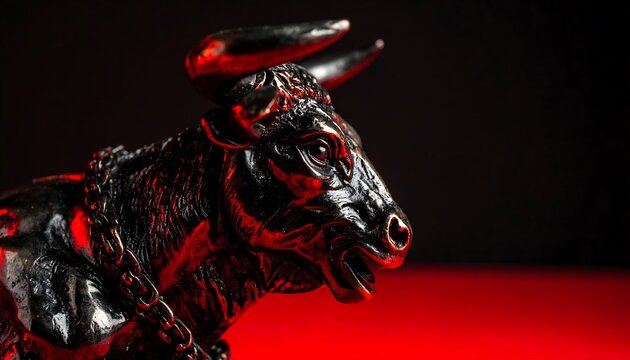 Close-up of a dark bronze bull statue