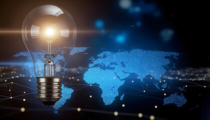 Smart idea concept with glowing filament bulb and futuristic world map connections