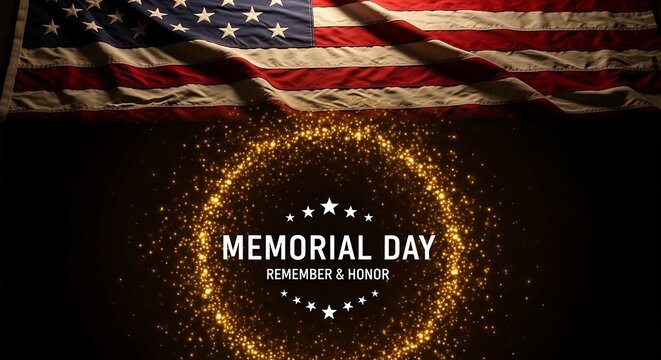 A commemorative patriotic design featuring the United States flag and a glittering golden wreath for a national holiday observance