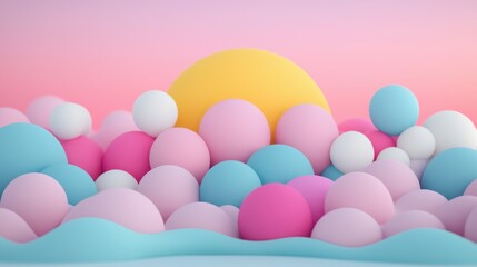 Fantistic Frontiers Concept. Colorful Pastel Spheres Against Soft Sunrise Background in Minimalist Design Style