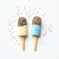 Two colorful ice pops, topped with multicolored sprinkles, sit on a white background