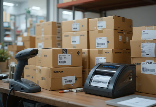 Warehouse desk with barcode scanner, printer, and cardboard shipping boxes