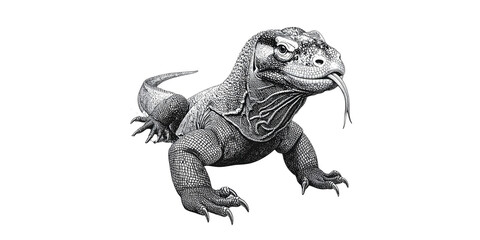 Fototapeta premium A large Komodo dragon, a ferocious reptile with fine scales, stands alone on a white background.