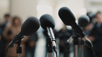 Close-Up Professional Microphones – Black Foam Windscreens on Stands with Blurred Audience Press Conference Scene