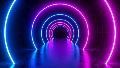 Vibrant Neon Tunnel with Glowing Pink and Blue Circular Lights