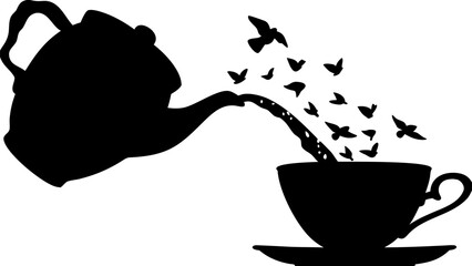 Silhouette of teapot pouring liquid that transforms into birds into a teacup on a saucer design
