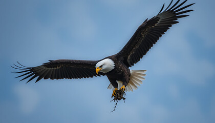 Obraz premium Majestic bald eagle soars through the sky carrying prey in its talons