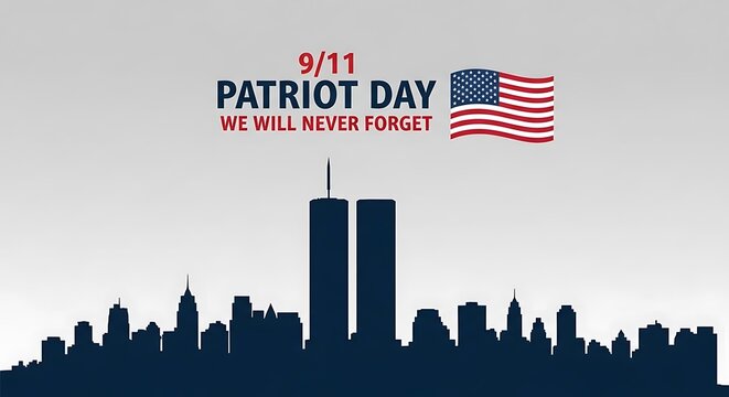 Patriot Day remembrance banner featuring a silhouette of the New York City skyline with the Twin Towers and an American flag