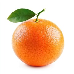 Single, fresh orange with green leaf